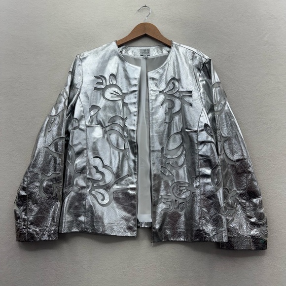 Chico's Women’s 3 (XL) Leather Jacket Metallic Silver Chrome Mesh Cutouts - Picture 1 of 10